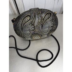 Vintage Whiting & Davis Black & Gold Paisley Oval Egg Evening Clutch Purse